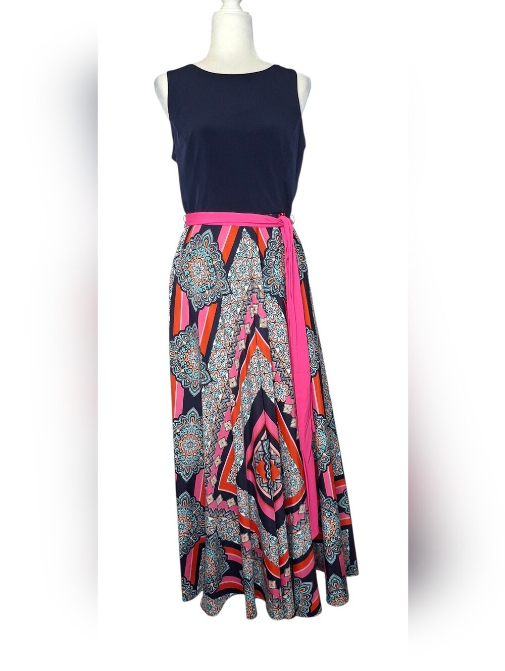 ELIZA J Blue Pink Scarf Print Belted Sash Bow Tie Waist Maxi Gown Dress Size 12